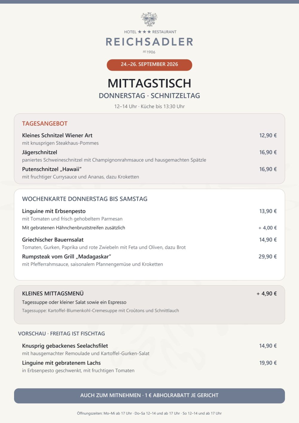 Mittagskarte Donnerstag, 24. September 2026: Schnitzeltag im Hotel-Restaurant Reichsadler, 12–14 Uhr.