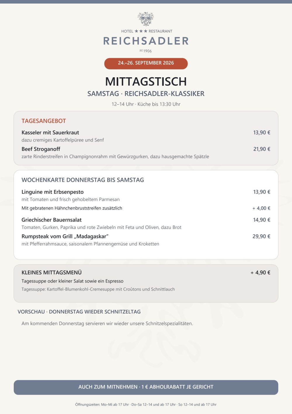 Mittagskarte Samstag, 26. September 2026: Reichsadler-Klassiker mit Kasseler und Sauerkraut für 13,90 €, 12–14 Uhr.