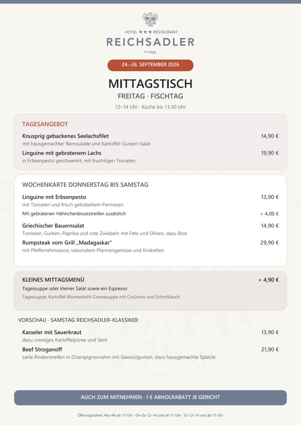 Mittagskarte Freitag, 25. September 2026: Fischtag im Hotel-Restaurant Reichsadler, 12–14 Uhr.